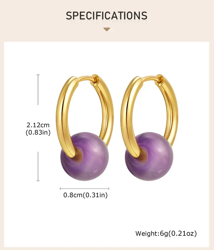 Natural Stone Amethyst Round Beaded Hoop Earrings for Women, Stainless Steel Gold Plated Waterproof Jewelry