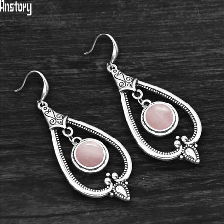 Round Amethysts Drop Earrings For Women Tibetan Silver Natural Stone Rose Quartz Lapis Lazuli Tiger Eye Fashion Dangle Earring - Charlie Dolly