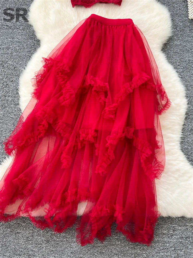 SINGREINY Sexy Lace Two Pieces Suits Women Sleeveless Strapless Camisole+Irregular Elastic Waist Skirt Fashion Gauze Party Sets - Charlie Dolly