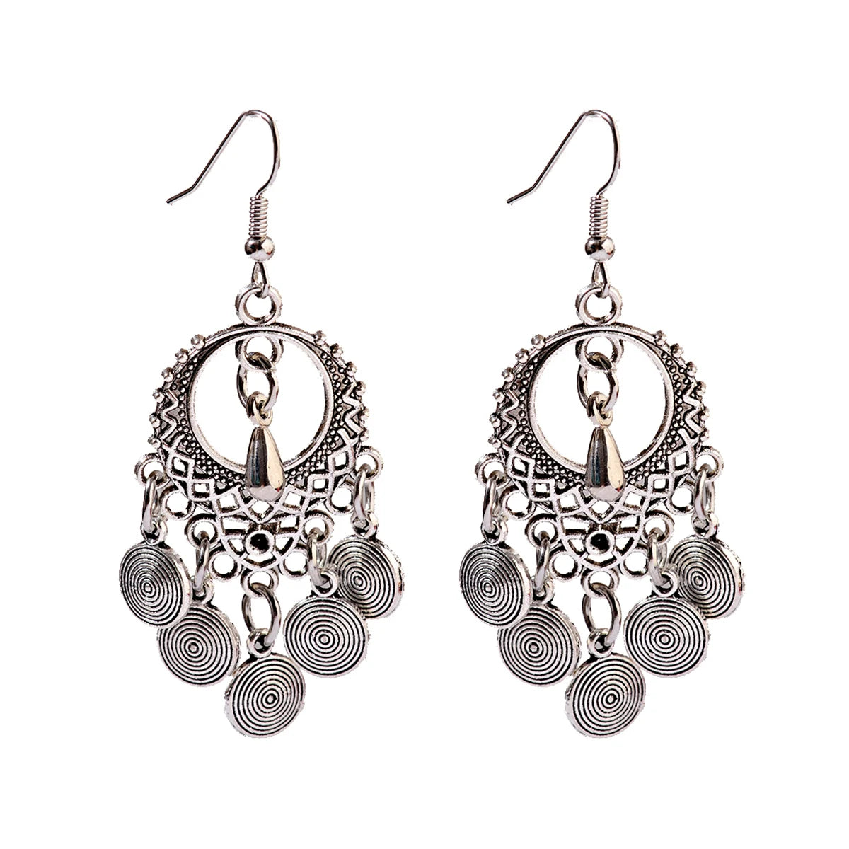 2023 Ethnic Indian Women's Round Hollow Silver Color Drop Earrings Leaf Tassel Boho Tribal Jewelry India Jhumki