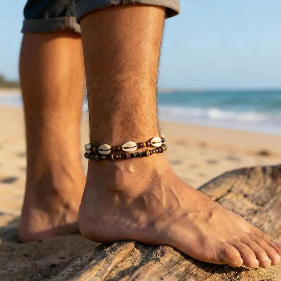 Cowrie Shell and Coconut Wood Bead Boho Anklet