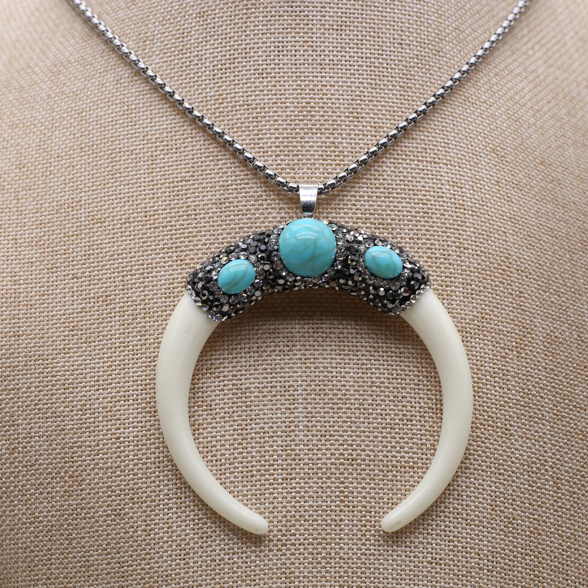 Natural Stone Horn Necklace Reiki Heal Turquoise Rhinestone Crescent Moon Pendant Stainless Steel Chain Boho Necklaces Jewelry