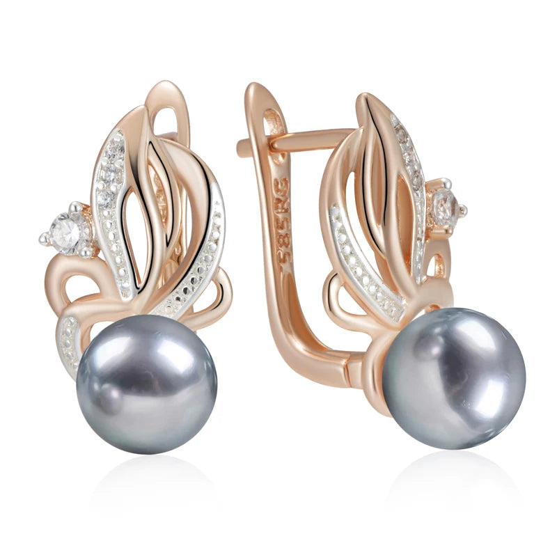 Kinel Hot Natural Zircon Flower Gray Pearl Drop Earrings for Women 585 Rose Gold Silver Color Mix Boho Ethnic Wedding Jewelry
