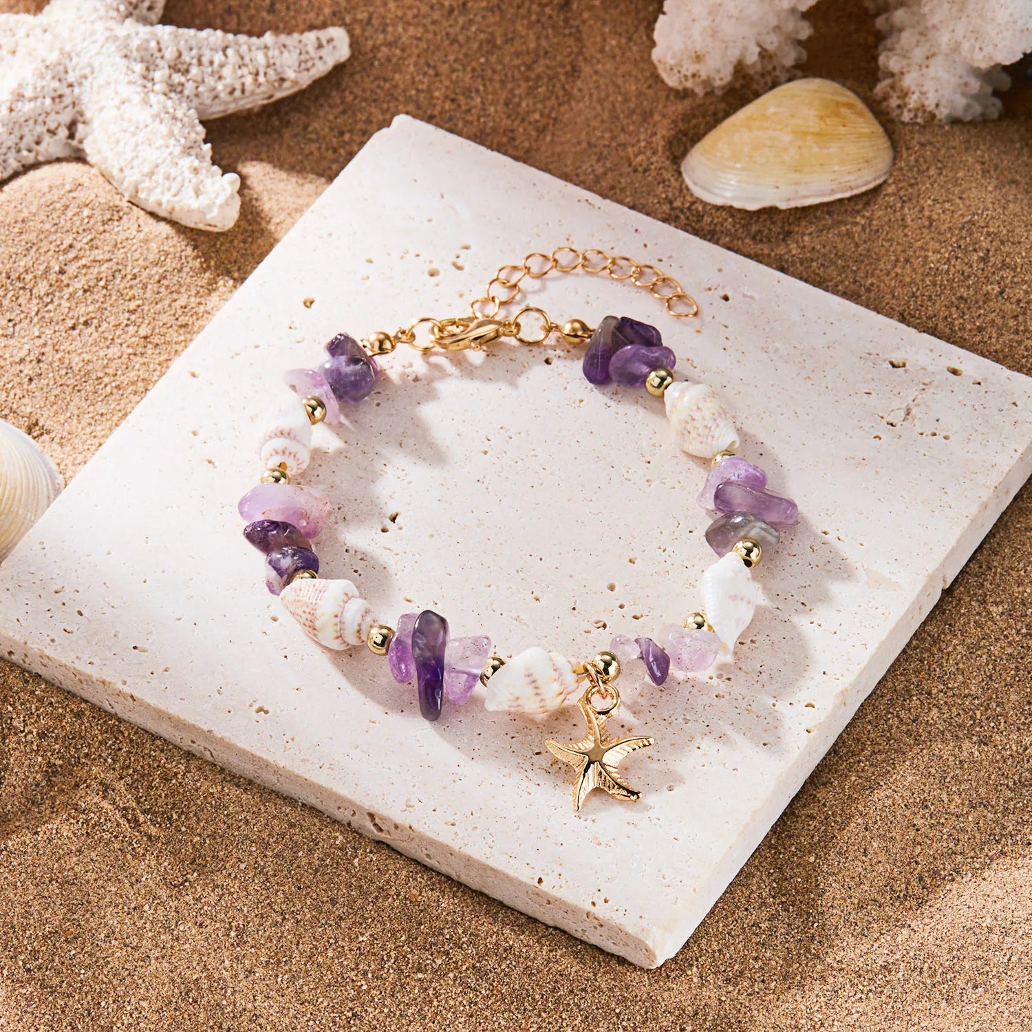 2026 Summer Boho Shell Bracelet for Women Natural Starfish Charm Irregular Stone Beads Bangles Beach Vacation Jewelry Party Gift