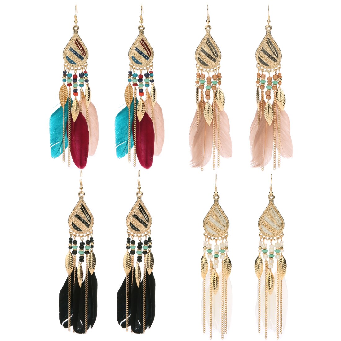 A Pair Boho Feather Dangle Women Earrings Beach Long Tassel Beads Handmade Flower Enamel Earrings Bride Wedding Party Gift - Charlie Dolly