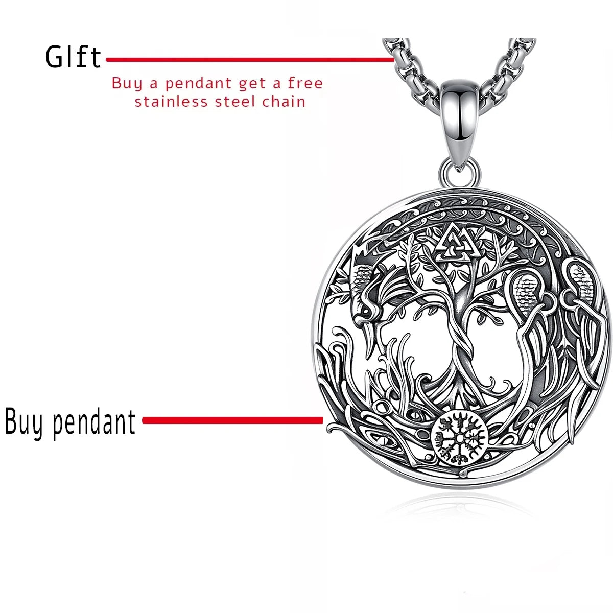 Eudora 925 Sterling Silver Phoenix Necklace Vintage Compass Tree of Life Pendant Viking Amulet Jewelry Party Gift for Women Men