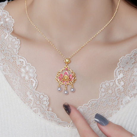 Pink Lotus Ruyi Lock & Pearl Tassel Enamel Necklace, Buddhist Blessing Talisman