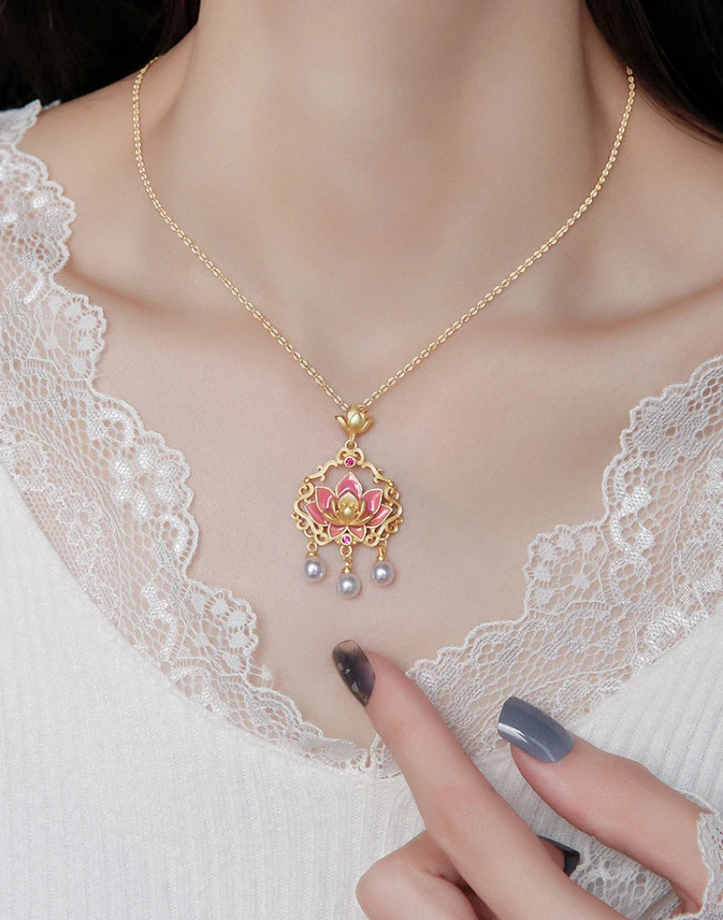 Classic matte pink lotus flower Ruyi lock necklace pearl tassel pendant enamel collarbone chain wedding for women jewelry gift