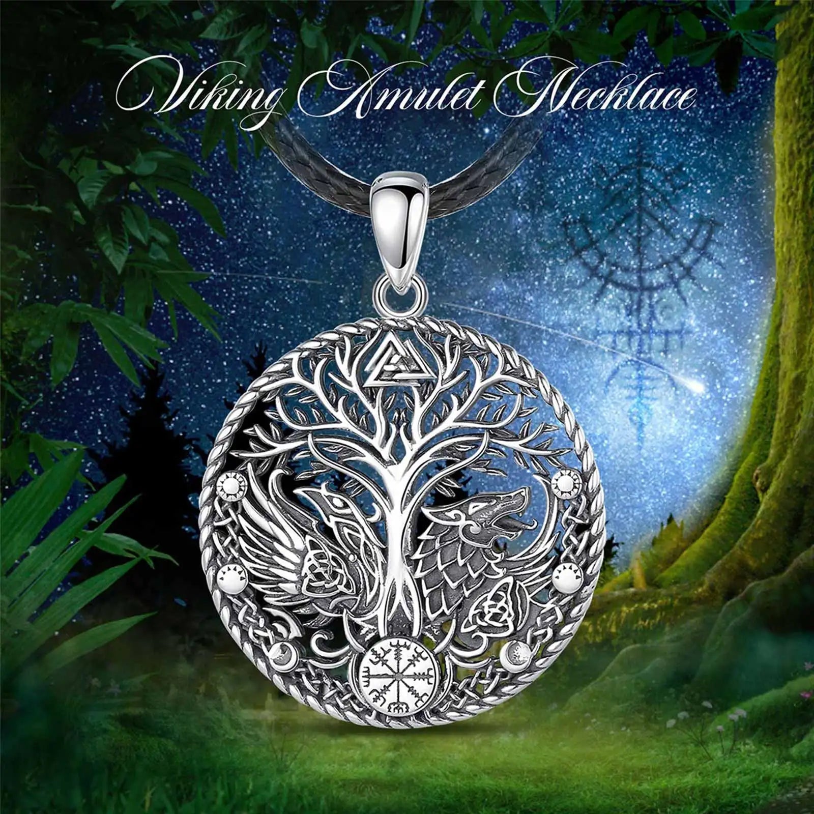 Eudora 925 Sterling Silver Viking Raven Wolf Necklace for Women Man Compass Tree of Life Amulet Pendant Personality Jewelry Gift