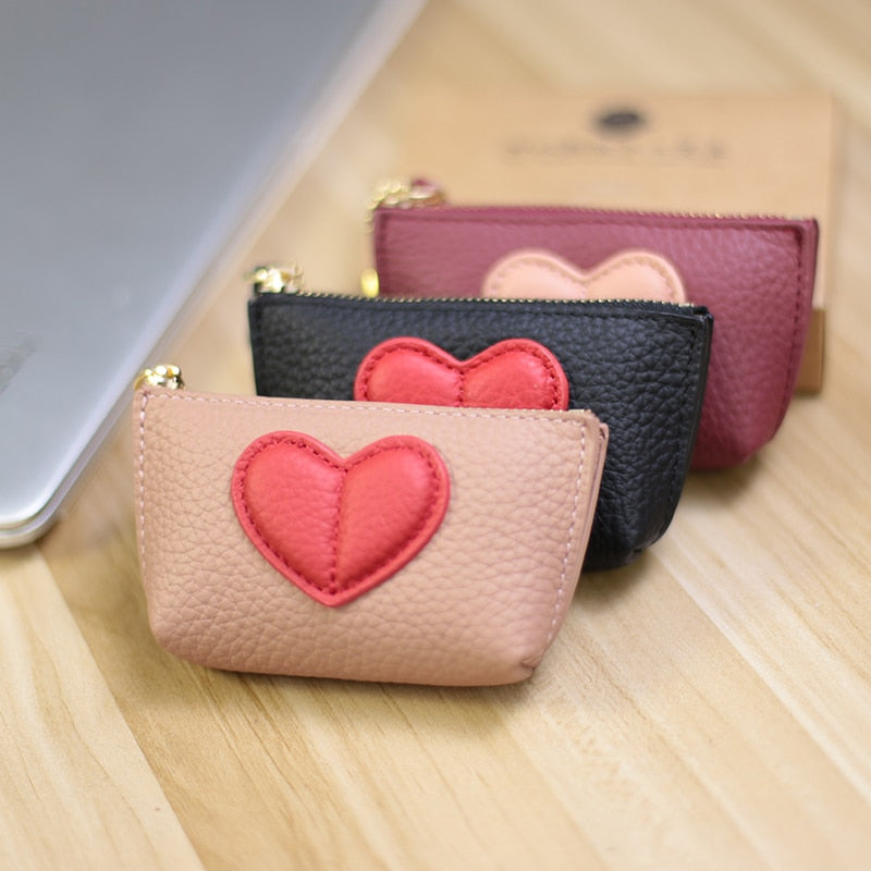 2022 Genuin Leather Heart Coin Purse Women Key Holder Ladies Cute Heart Patch Small Pouch Key Holder Leather Coin Wallet Purse - Charlie Dolly