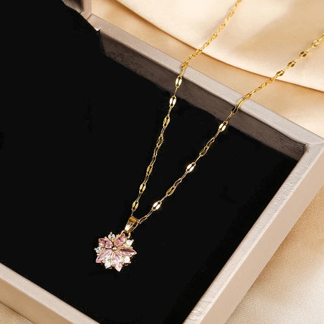 Pink Sakura Cherry Blossom Pendant Necklace, Stainless Steel Boho Nature Talisman