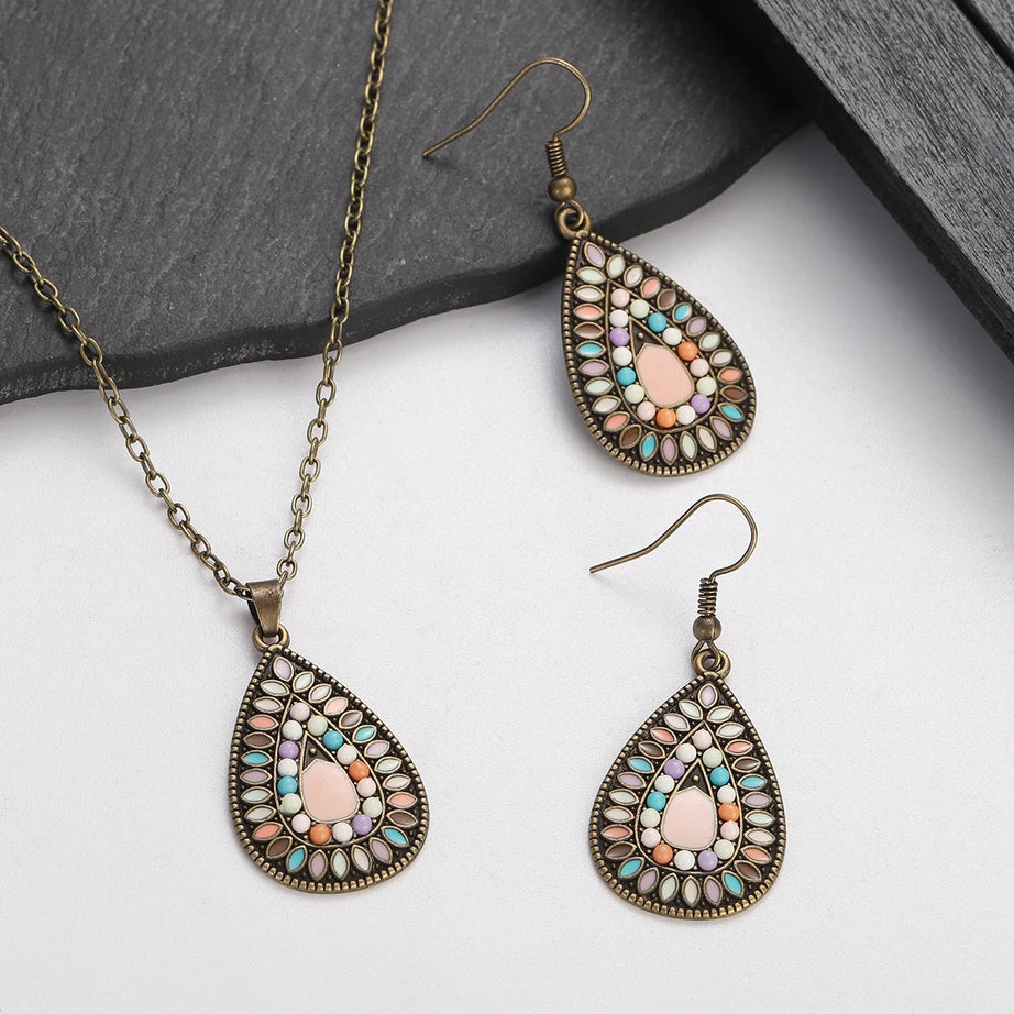Colorful Bead Flower Necklace Earring Set Jewelry