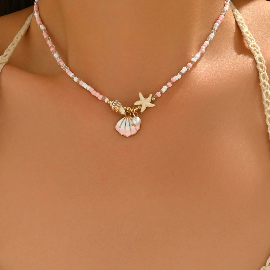 Pink Pearl and Shell Beaded Choker Necklace