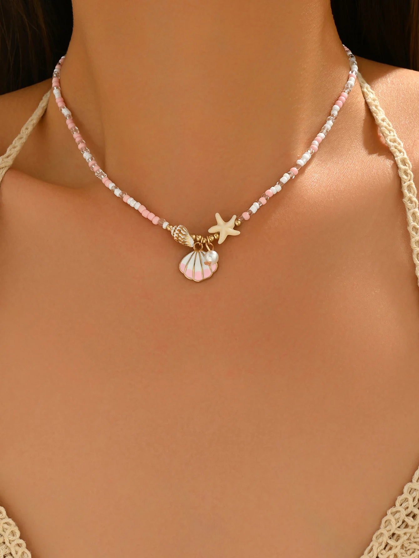Pink White Beaded Choker Necklace Shell Starfish Faux Pearl Pendant Boho Summer Beach Vacation Daily Jewelry