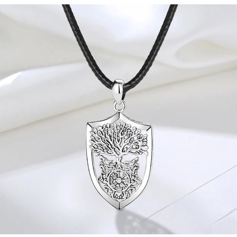 S925 Sterling Silver Viking Yggdrasil Compass Pendant Necklace, Tree of Life Wolf Norse Amulet