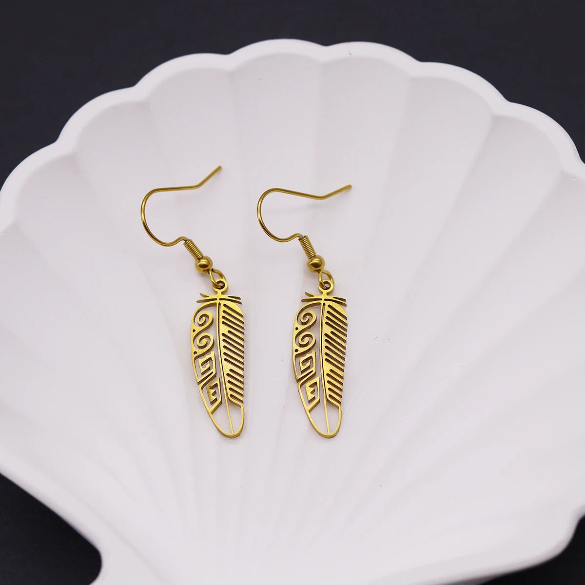 Kinitial Vintage Trendy Feather Drop Earrings For Women Stainless Steel Dangle Earrings Fashion Jewelry Boho Accessories