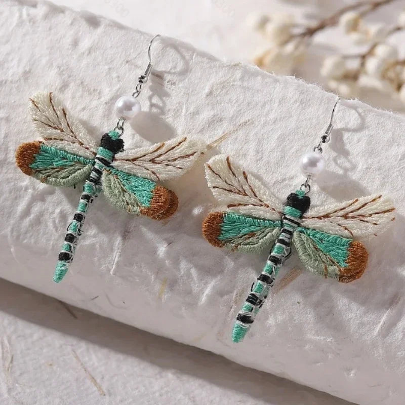 Boho Vintage Dragonfly Earrings - Handmade Embroidery Pendants Unique Fun Drop Earrings Bohemian Style Jewelry for Women Girls