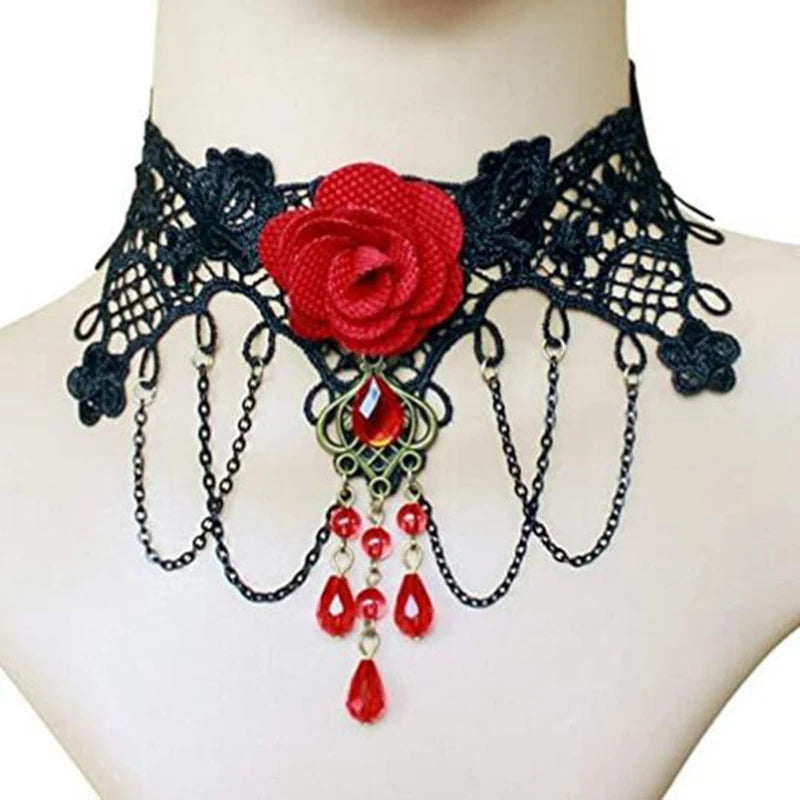 Halloween Choker Necklace for Women Rhinestone Pendant Lace Gothic Necklace for Steampunk Royal Court Vampire Costume Jewelry - Charlie Dolly