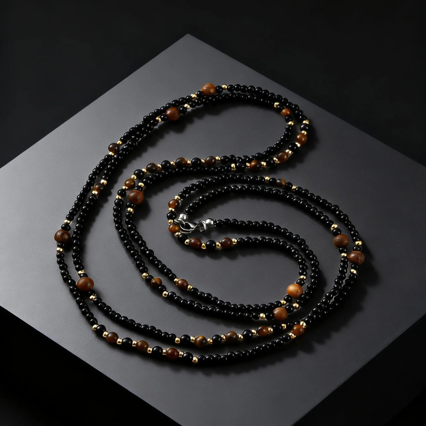 Black Agate Natural Stone Tiger Eye Beads Chain Necklace for Men, Retro Long Sweater Chain Necklace, Fashion Boho Jewelry Gift - Charlie Dolly