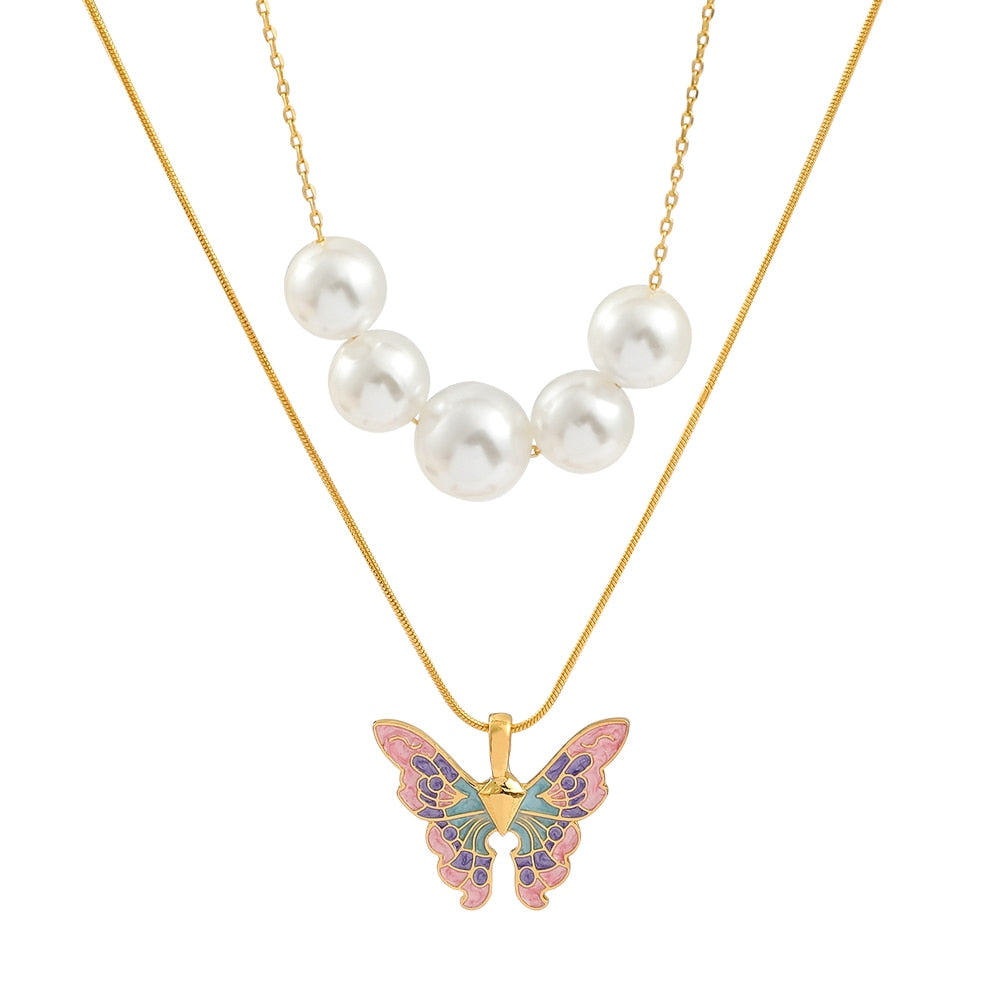 Disney Barbie Fairytopia Mermaidia Enamel Butterfly Pendant Necklace For Women Thai Pop Imitation Pearl Multilayer Jewelry