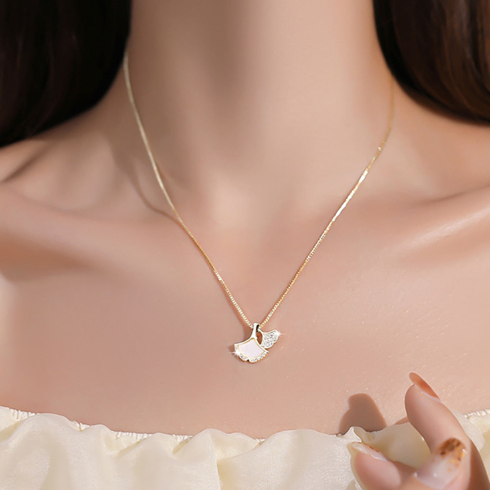 S925 Sterling Silver Ginkgo Biloba Leaves  18K Gold Plated Inlaid  Deep Sea Shell  Necklace For Ladys Birthday Gift - Charlie Dolly