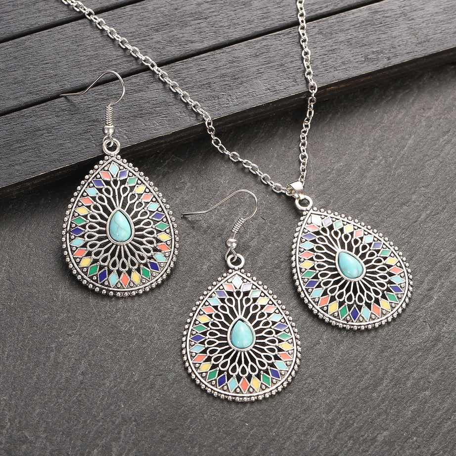 Colorful Bead Flower Necklace Earring Set Jewelry