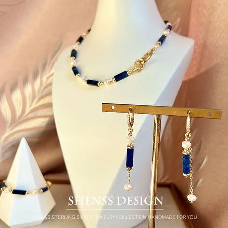 Exclusive Design Personalized Natural Freshwater Pearl Lapis lazuli Necklace Bracelet Earrings Copper Plated 14k Gold Accessorie - Charlie Dolly