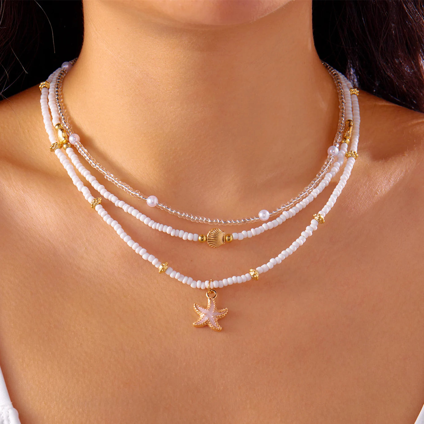 Ocean Layered Starfish and Shell Beaded Necklace Set