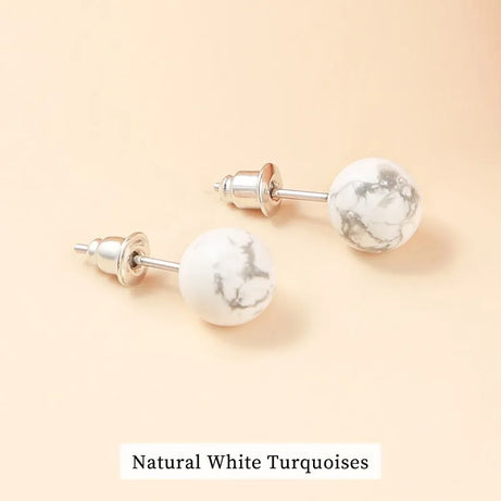 Natural Stone Agate Quartz Lapis Lazuli Tiger Eye Round Bead Stud Earrings Women Fashion Simple Stainless Steel Crystal Ear Stud - Charlie Dolly