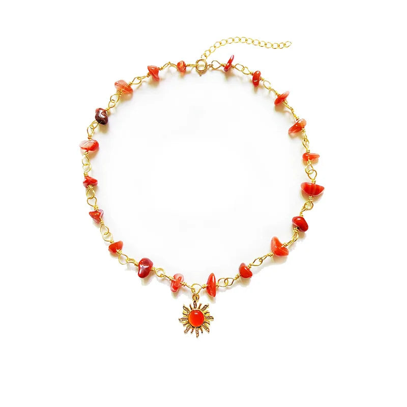 Natural Stone Boho Hippie Sun Necklace for Women Teen Girls, 18K Gold Palted Crystal Choker, Birthday Christmas Jewelry Gifts