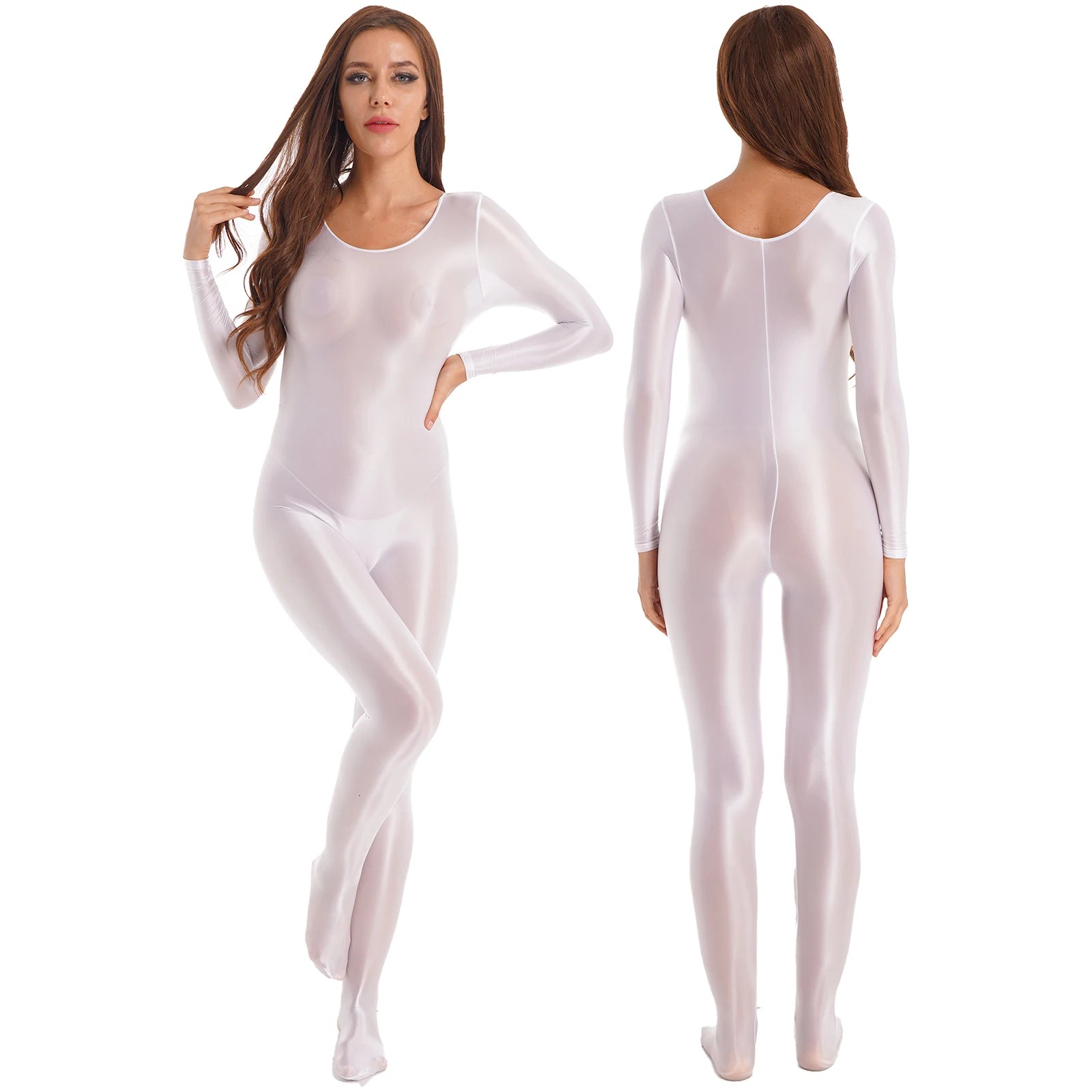 Womens Sexy Glossy Bodystocking Bodysuit Long Sleeve Jumpsuit Lingerie Nightwear Swimwear Gymnastics Yoga Sports Dance Leotard - Charlie Dolly