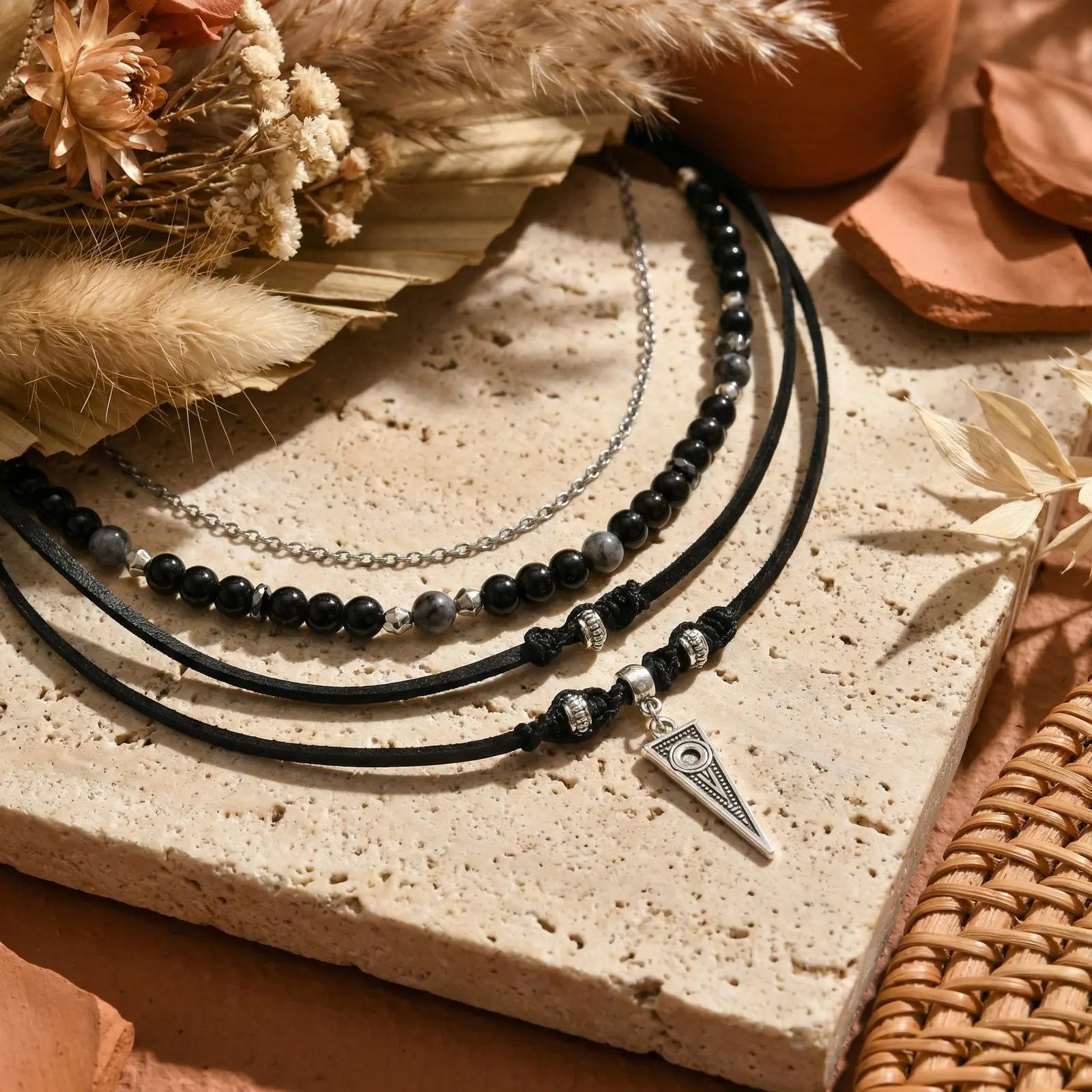 Triangle Onyx Bead Layered Leather Necklace Jewelry