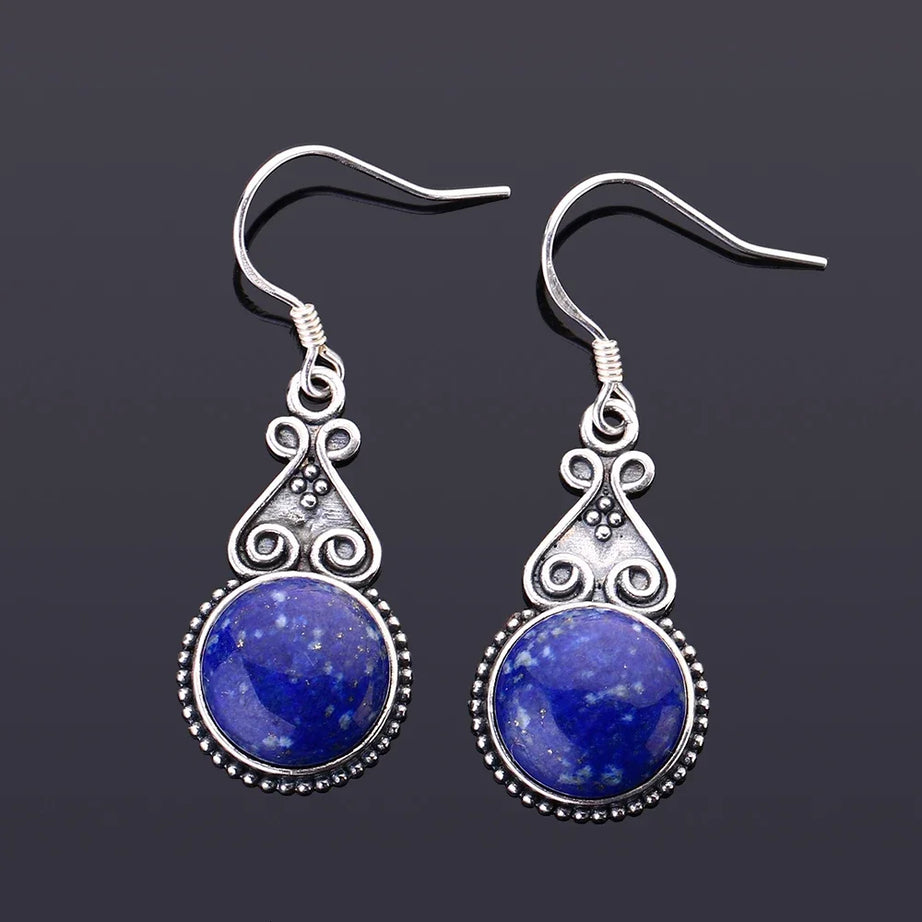 S925 Silver Drop Earring 10MM Round Lapis Lazuli Blue Pendant Earrings Engagement Wedding Women Fine Jewelri - Charlie Dolly