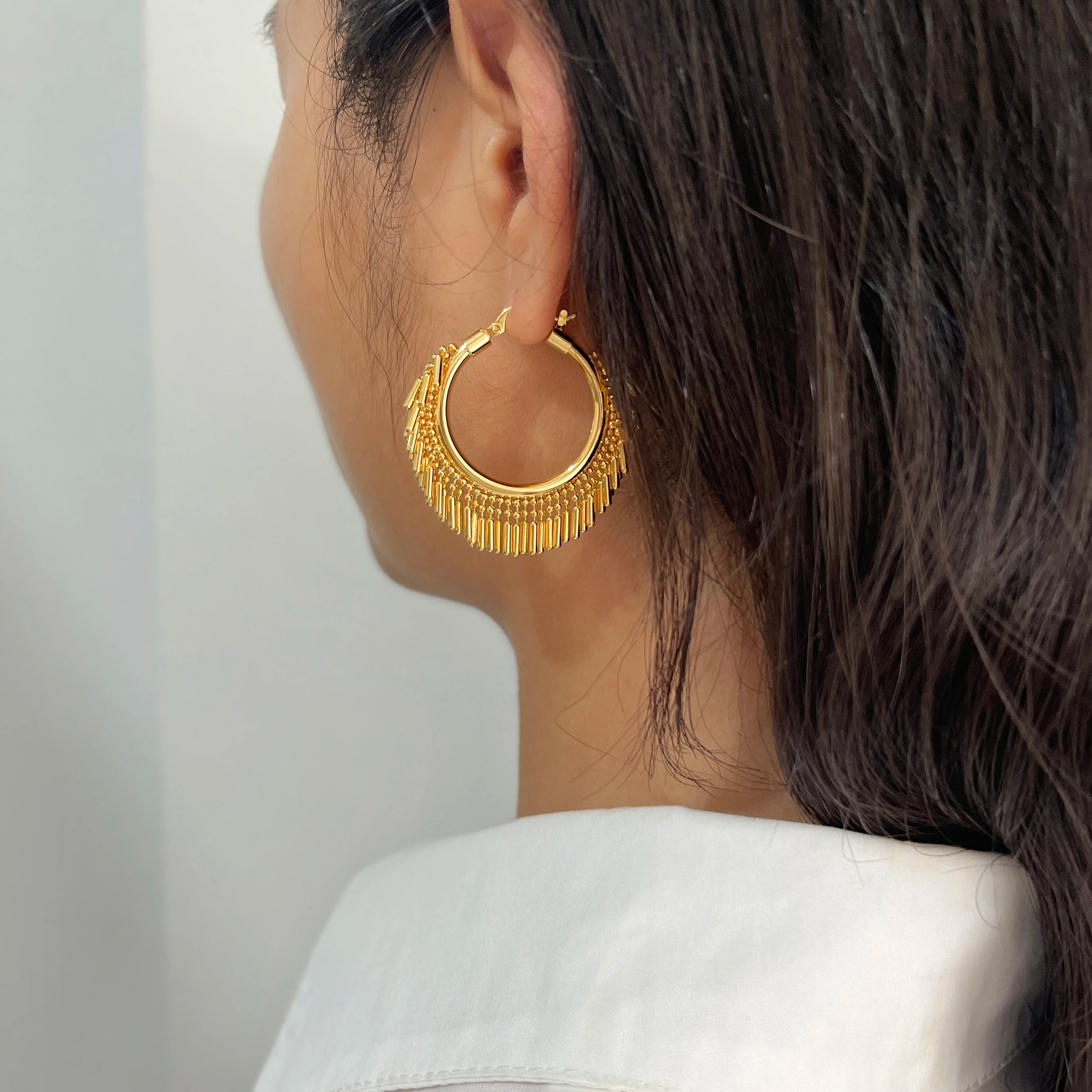 Gold Bead Bar Tassel Hoop Huggie Earrings Jewelry