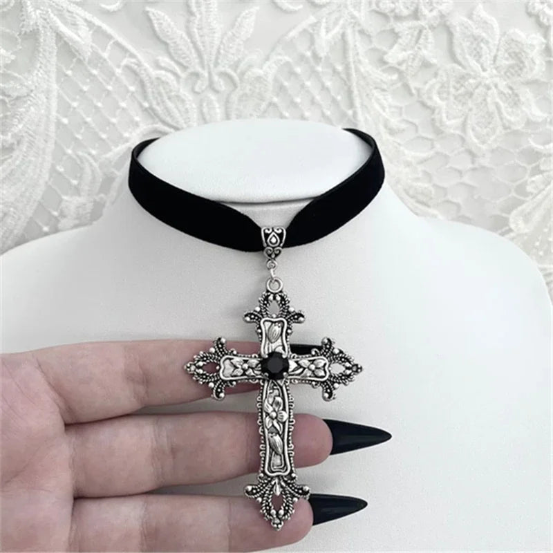Goth Limited Black Velvet Cross Bead Choker Necklace Jewelry Gorgeous Women Punk Gift Statement New Gothic Halloween Grunge - Charlie Dolly