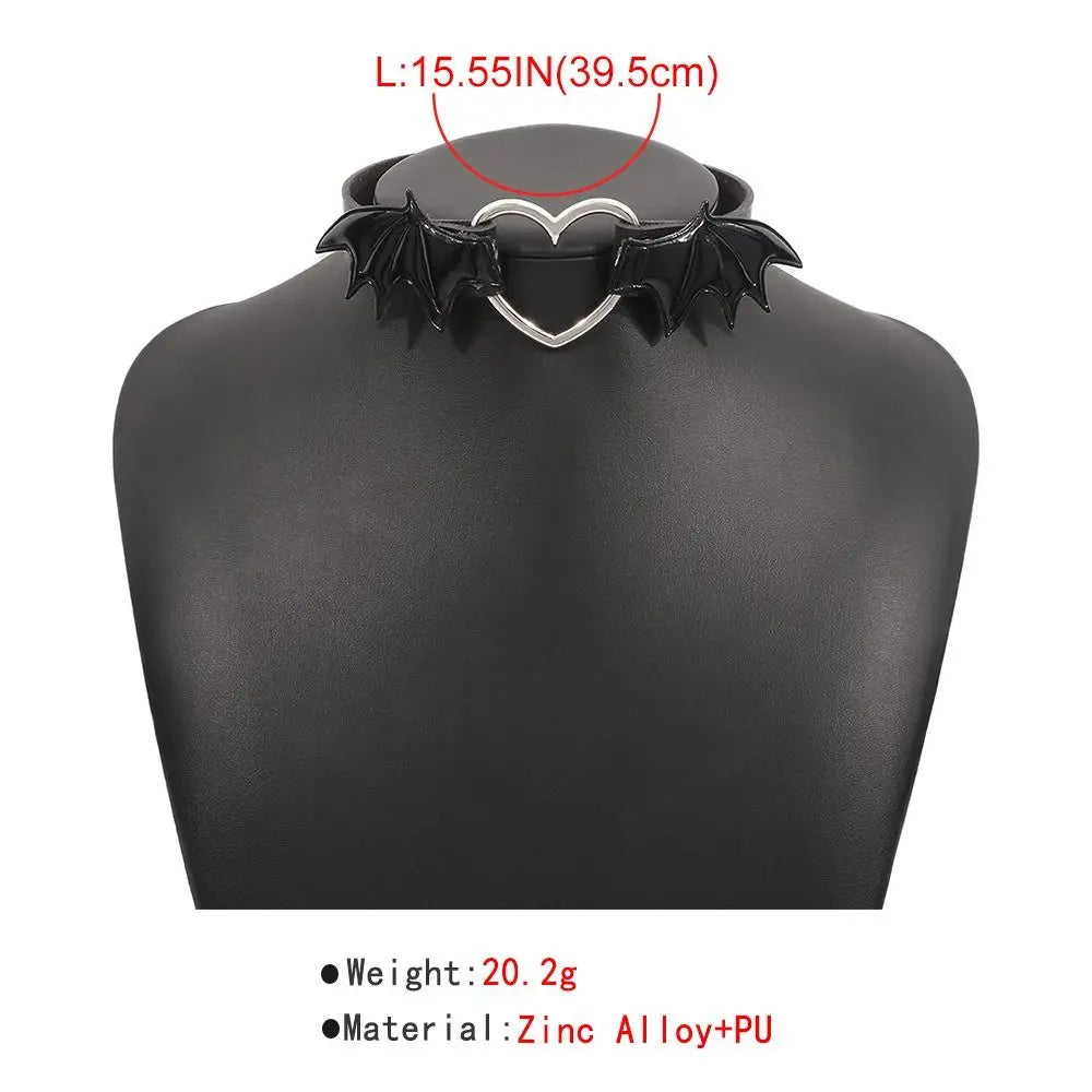 Leather Bat Wings Choker Goth Cute Heart Necklace Punk Gothic Collar Halloween Jewelry Aesthetic Accessories for Women Girls - Charlie Dolly