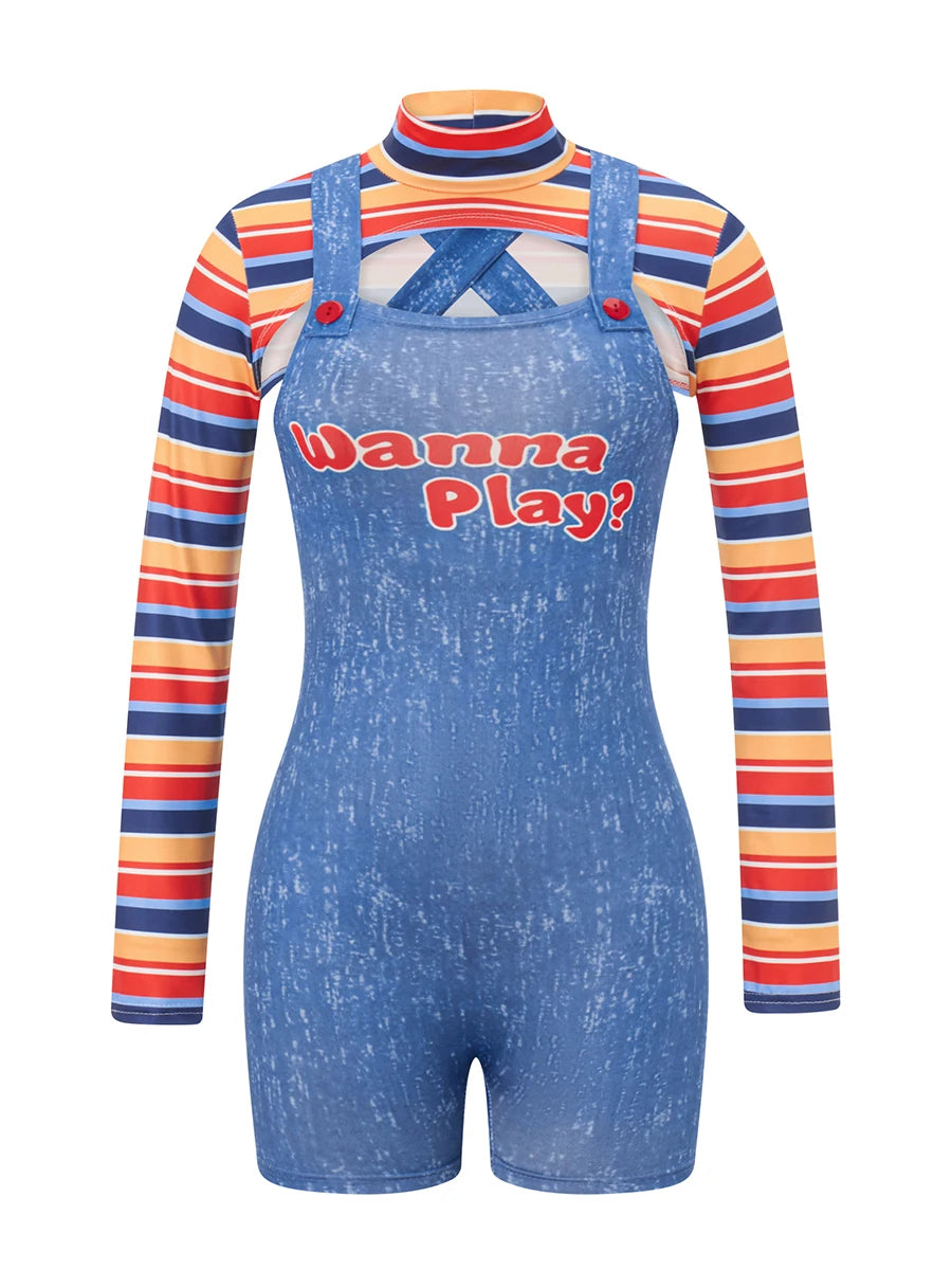 Women 2 Pcs Halloween Costumes Scary Nightmare Killer Doll Wanna Play Movie Character Bodysuit Chucky Doll Cosplay Costume Set - Charlie Dolly