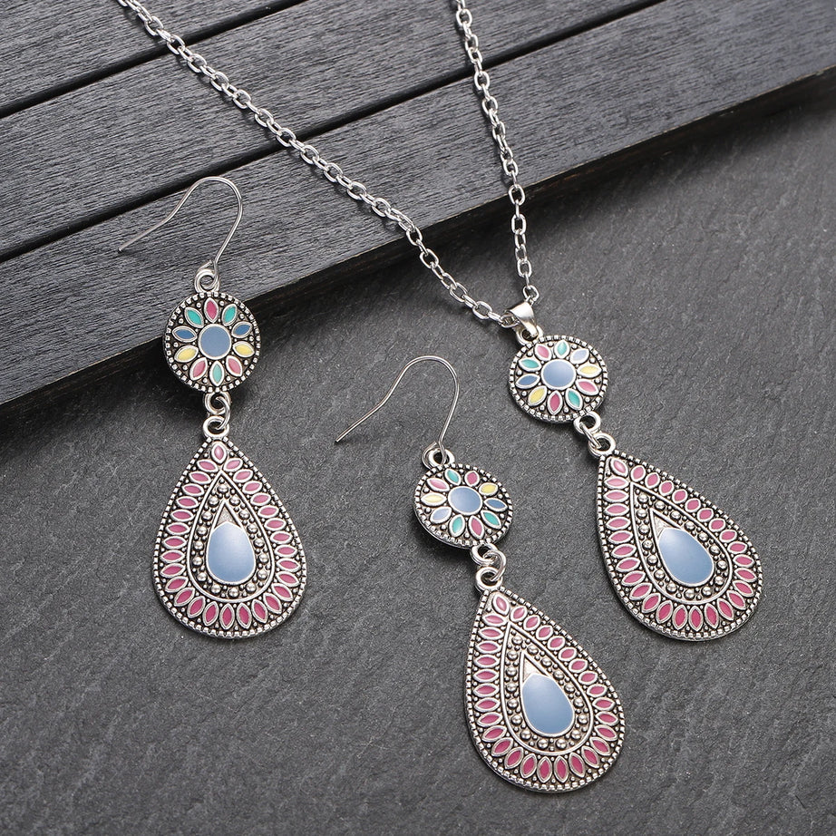 Colorful Bead Flower Necklace Earring Set Jewelry