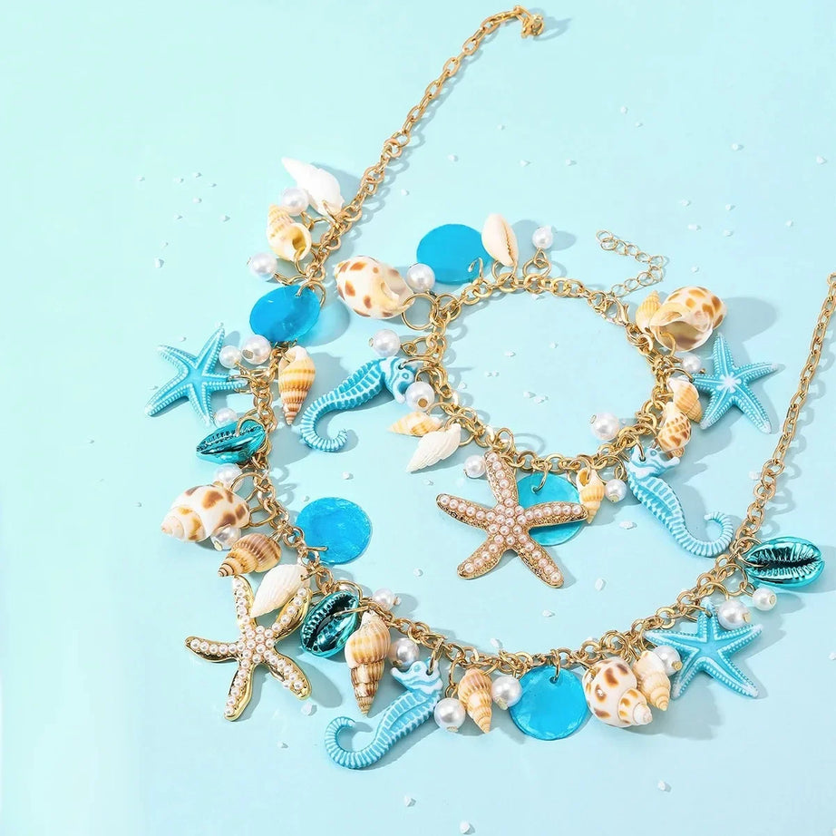 Bohemian Conch, Starfish and Shell Beaded Bangle Bracelet