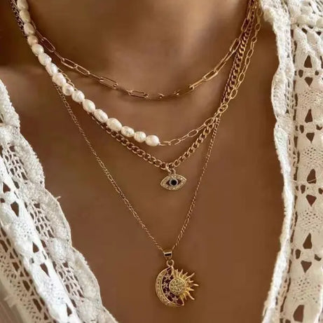 Crystal Evil Eye Layered Clavicle Chain Necklace Jewelry