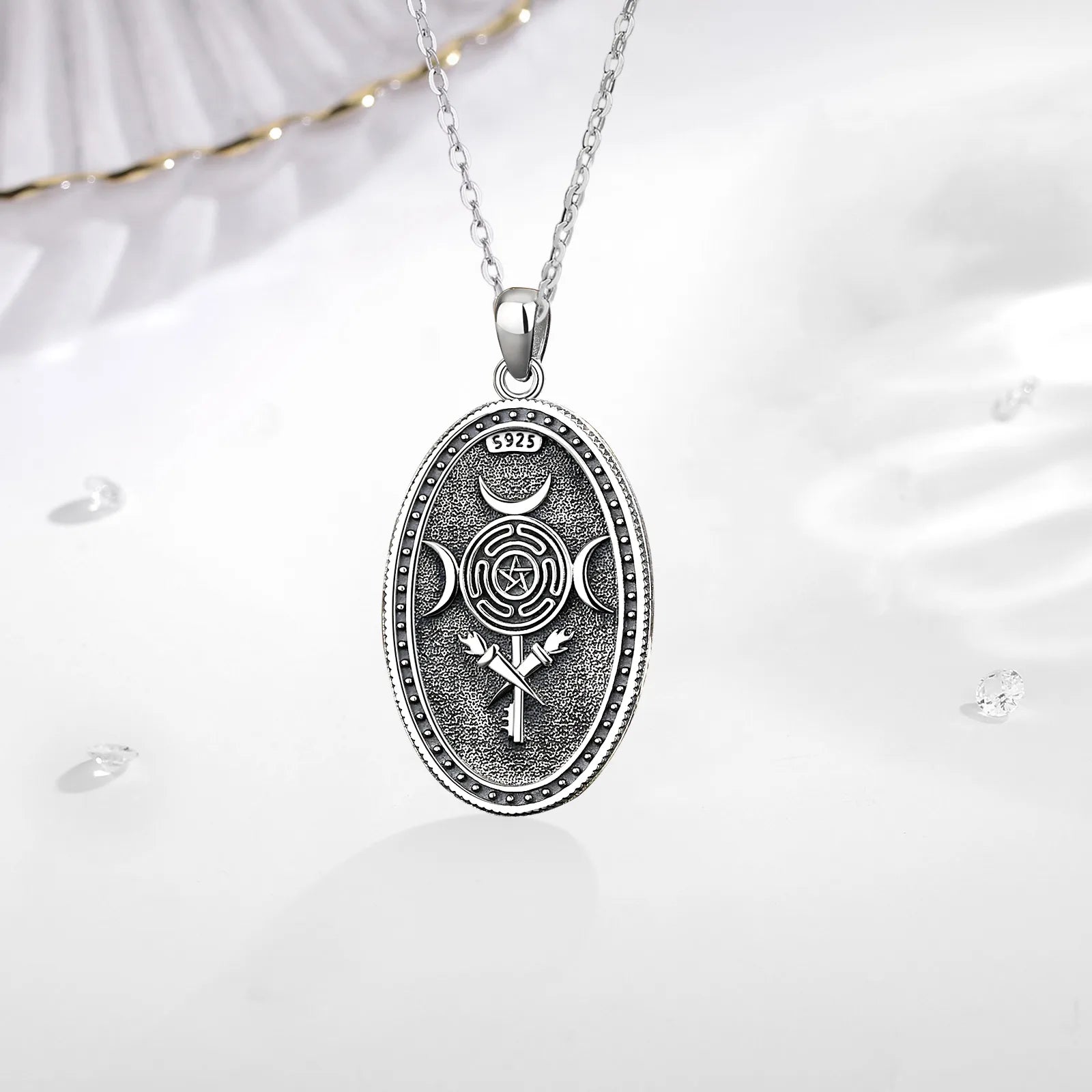 Eudora 925 Sterling Silver Triple Moon Goddess Necklace Hecate Wheel Amulet Pendant Triple Goddess Jewelry for Women Man Gift