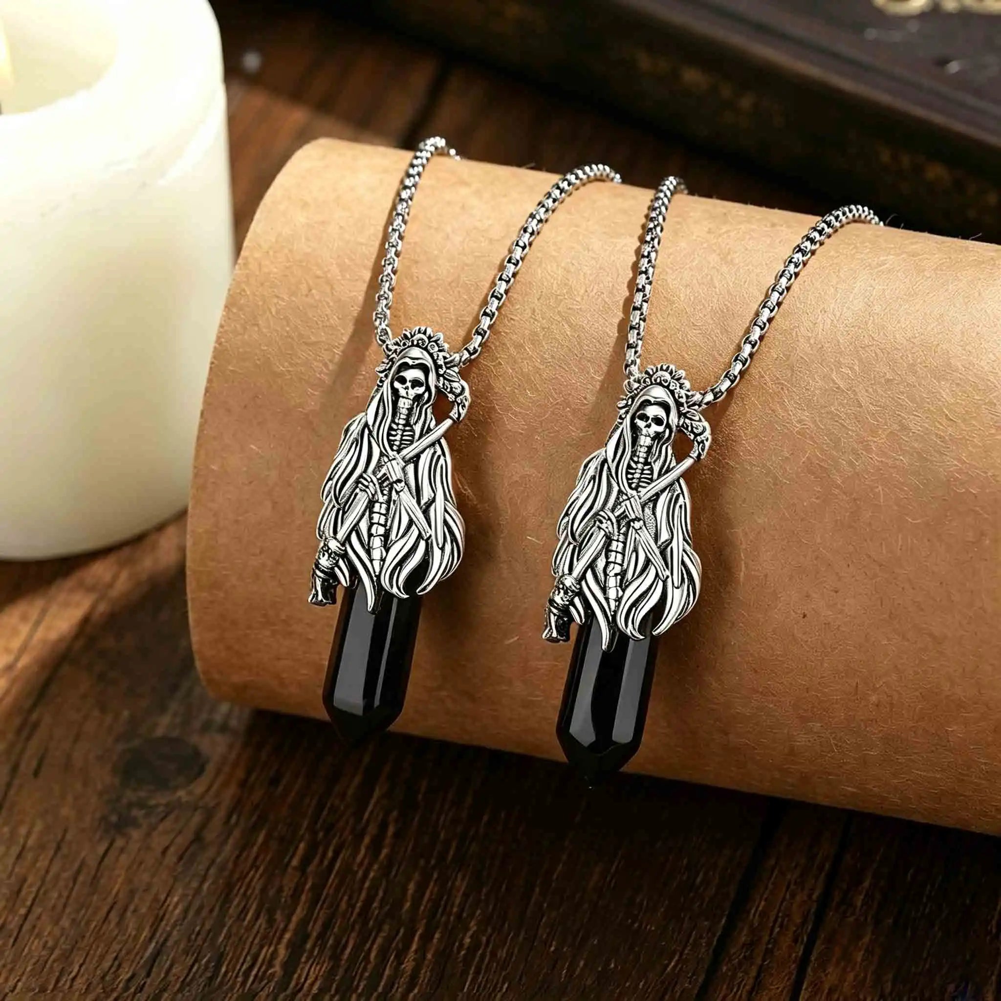 Eudora Obsidian Santa Muerte Necklace Holy Death Scythe Mexican Pendant Healing Crystal Stone Jewelry Spiritual Gift for Women
