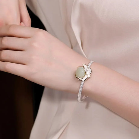Natural Hotan Jade Lotus Flower Jewelry Set, Necklace Ring Bracelet Hairpin Boutique