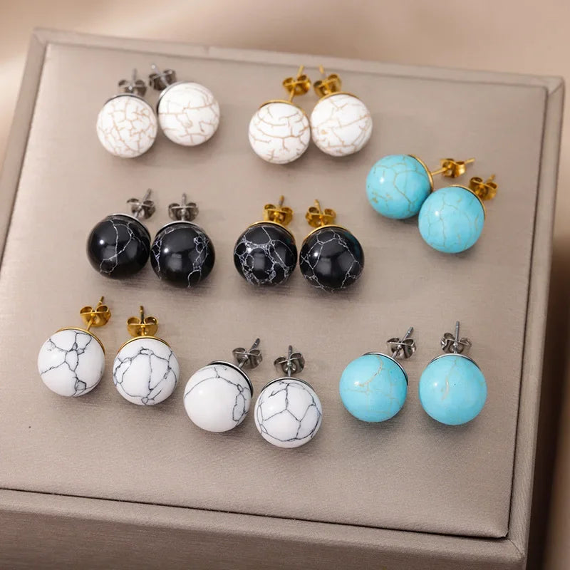 1 Pair Natural Stone Stud Earrings For Women Men Round Turquoises Tiger Eye Lapis Lazuli Beads Earring Fashion Jewelry Gift