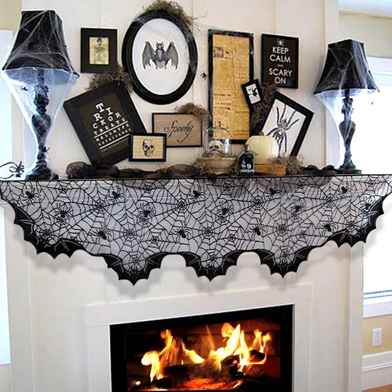 Halloween Bat Table Runner Black Spider Web Lace Tablecloth Fireplace Curtain for Halloween Party Home Decoration Horror Props - Charlie Dolly
