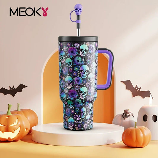 Meoky 40oz Tumbler Handle with Straw Cute Stopper Stainless Steel Insulation Coffee Cup Luminous Vacuum Car Mug Halloween Gifts