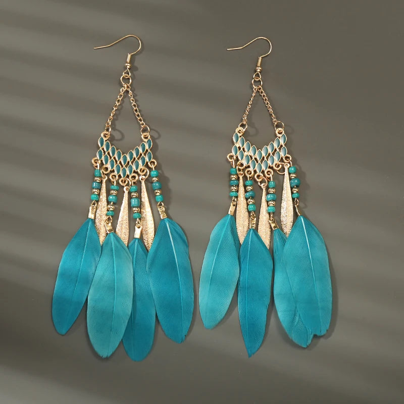 Boho Long Feather Dangle Women's Earrings Beach Long Tassel Beads Handmade Flower Enamel Earrings Bride Wedding Pendientes Mujer