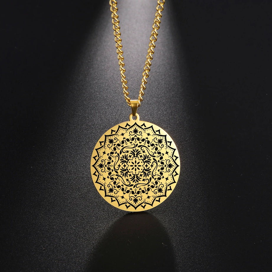 Lotus Chakra Mandala Pendant Necklace, Stainless Steel Buddhist Hindu Meditation Amulet