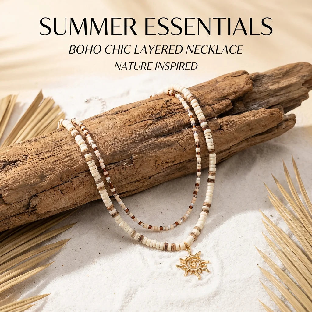 2pcs Boho Coconut Shell Wood Beads Necklaces Set for Women Men Vintage Sun Pendant Necklaces Summer Beach Party Jewelry Gifts