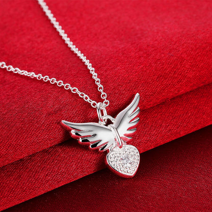 925 Sterling Silver 18 inches Zircon elegant Heart wings Pendant Necklace For Women Fashion Jewelry Christmas Gifts